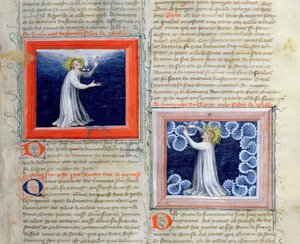 Ms 313 Bóg oddzielający światłość od ciemności (po lewej) i tworzący firmament (po prawej), z Biblii des Grands Augustins, 1494