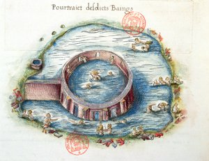 Ms 3242 Łaźnie Bourbon-Lancy, ilustracja z Generale Description du Bourbonnais autorstwa Nicolasa de Nicolay, 1569 (wc na papierze) autorstwa French School