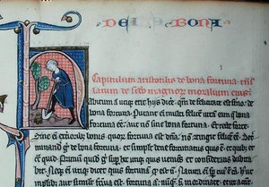 Ms 3458 Historyczny inicjał „H” przedstawiający człowieka kopiącego, z „Fizyki” Arystotelesa (384-322 pne) (pióro, atrament i tempera na welinie) autorstwa French School