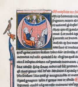 Ms 3458, historyczny inicjał O przedstawiający starożytnego greckiego filozofa Arystotelesa, nauczającego grupę duchownych z Europy Zachodniej i skierowanego w górę ku Bogu w niebiosach (pióro i atrament oraz tempera autorstwa French School