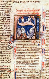 Ms 365 fol.350 Historyczny inicjał S przedstawiający papieża Grzegorza IX (1220-50) z biskupami i opatami, z Dekretów Grzegorza IX autorstwa French School