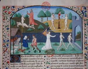 Ms 3878 Stworzenie Ewy, Kuszenie i Wypędzenie Adama i Ewy, z „Des cas des nobles hommes et femmes”, Giovanni Boccaccio (1313-75) (welum) autorstwa French School