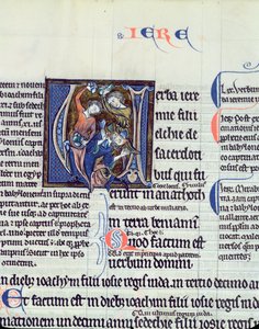 Ms 48 fol.95v Historyczny inicjał V przedstawiający ukamienowanie proroka Jeremiasza autorstwa French School