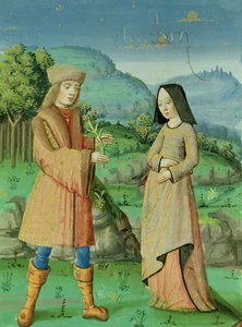 Ms 493 fol.123v Spotkanie Eneasza i Anny, siostry Dydony, z Eneidy z komentarzem Serwiusza, 1469 autorstwa French School