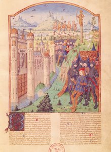Ms 493 fol.1r Dzieła Wergiliusza z komentarzem Serwiusza, Bukolików, Król siedzący na tronie otoczony przez straż przed warownym miastem, Francja, 1469 autorstwa French School