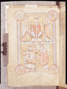 Ms 512 fol.4v Św. Grzegorz Wielki (ok. 540-604) pomiędzy jego ojcem Gordienem i matką Silvią i topielcem jako aniołem, z Liber Pastoralis autorstwa French School