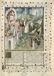 Ms 55 t.2 fol.3 Miasto Boga, miasto Caen i miasto przywar, z La Cite de Dieu św. Augustyna z Hippony (354-430) w przekładzie Raoula de Preles (1316-82) autorstwa French School