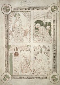 Ms 616 f.1v Św. Augustyn u stóp Chrystusa i pisarz Alardus ofiarowujący swoją książkę św. Vaastowi, frontyspis do spowiedzi św. Augustyna autorstwa French School