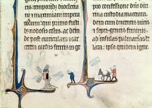Ms 838 fol.55 Mężczyzna prowadzący osła niosący worki z pszenicą do wiatraka, z Obituaire de Notre Dame de Pres, po 1270 r. autorstwa French School