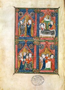 Ms 87 fol.16 Zwiastowanie, Narodzenia, Pokłon Trzech Króli i Oczyszczenie z Godzin Mahaut dArtois autorstwa French School