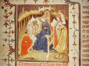 Pani Fr 12420 Autor prezentujący swoją pracę grupie kobiet z „De Claris Mulieribus” Giovanniego Boccaccio (1313-75) (welum) autorstwa French School