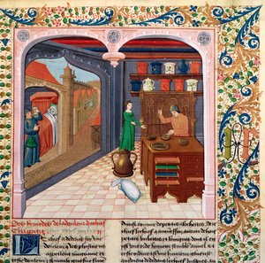 Ms Fr 218 fol.111 Pacjent w łóżku i aptekarz przygotowujący lekarstwa, z Le Livre des Proprietes des Choses Barthelemy