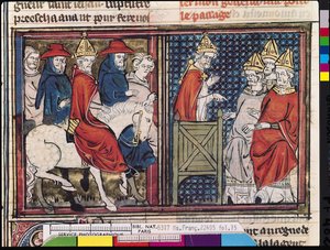 Ms Fr 22495 Fol.15 Sobór w Clermont i przybycie papieża Urbana II (ok. 1035-99) do Francji, z Le Roman de Godefroi de Bouillon, 1337 autorstwa French School