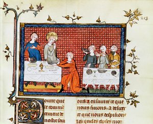 Pani ks. 5716 f.213 Św. Ludwik nakarmienie ubogich, z życia i cudów Św. Ludwika, ok. 1330-40 autorstwa French School