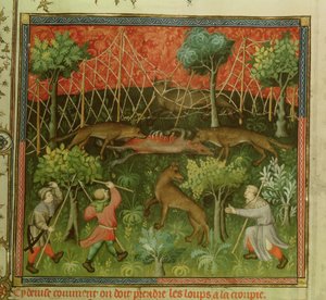 Pani Fr 616 fol.111 Polowanie na wilki przy pomocy sieci, z Livre de la Chasse Gastona Phebusa de Foix (1331-91) autorstwa French School