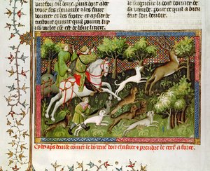 Pani Fr 616 fol.77 Polowanie na jelenie, z Księgi łowieckiej Gastona Phebusa de Foix (1331-91)