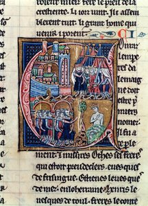 Ms Fr 9081 fol.206 Historyczny inicjał C przedstawiający Konrada III (1137-52) cesarza Niemiec i Ludwika VII (1120-80) króla Francji, oblegającego Damaszek w 1148 r., z Histoire de Jerusalem przez Wilhelma d. autorstwa French School