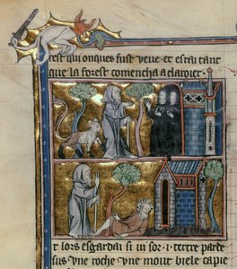 Pani Fr 95 f.4v Pustelnik i bestia, z lHistoire du Saint Graal, c.1280-90 autorstwa French School
