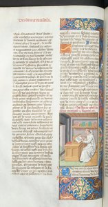 Ms Hunter 36-39, t. 3 k. 47v Kartuz w bieli piszący rękopis, ilustracja z Vita Christi autorstwa Ludolfa z Saksonii, ok. 1490 autorstwa French School