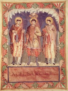 Ms Lat 1141 fol.2v Koronacja Karola II (823-877) z arcybiskupami Reims i Treves, z Sacrementaire de Metz (patrz także 159999) autorstwa French School
