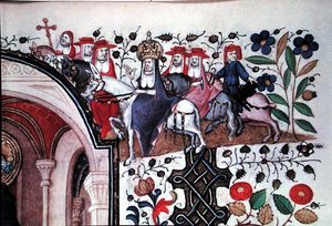 Ms Lat 1156b Fol.167 Szczegół Papieża na mule ze świtą, z ilustracji św. Piotra, z Godzin Małgorzaty Orleańskiej, c.1426 (welum) autorstwa French School