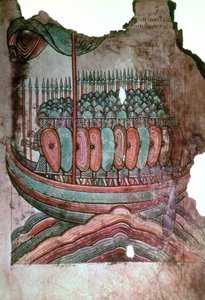 Ms Lat 1390 fol.7 Żołnierze normańscy przeprawiający się przez kanał La Vie de Saint Aubin dAngers autorstwa French School
