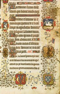 Ms Lat 919 fol.96 Szczegół herbów i dekoracji zwierzęcych, od św. Piotra Prowadzącego Jeana de France (1340-1416) Księcia Berry do raju, z Grandes Heures de Duc de Berry autorstwa French School