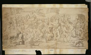Mitologiczna scena z satyrami (pióro, tusz i tusz na papierze) autorstwa French School
