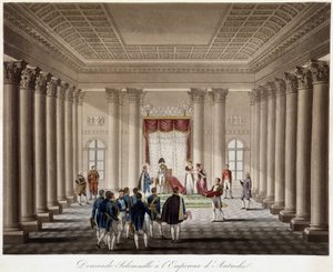 Napoleon prosi Marie Louise o małżeństwo z cesarzem Austrii - w „Historii wojny między Francją a Austrią w 1809 roku”” autorstwa French School