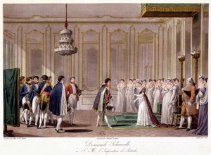 Napoleon prosi Marie Louise o małżeństwo z Imperatorem Austrii - w „”Historyczne podsumowanie wojny między Francją a Austrią w 1809”” autorstwa French School