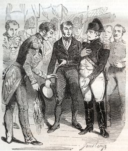 Napoleon zwierza się wierze brytyjskiej - Napoleon Bonaparte wsiadający na brytyjski statek Bellerophon, który zabierze go na zesłanie na St Helene (Święta Helena) 14 lipca 1815 r. - Napoleon Bonaparte wchodzący na pokład brytyjskiego statku Bellerophon, k autorstwa French School
