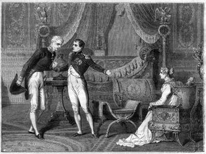 Napoleon, jego żona Marie-Louise i książę Metternich rozmawiają autorstwa French School