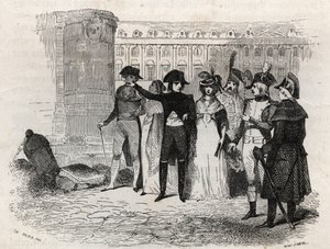 Napoleon spacerujący z Madame Tallien, z domu Theresa Cabarrus, księżna Caraman, księżna Caraman Chimay (1773 - 1835) umieszcza Vendome w Paryżu - grawerunek w „Les rues de Paris”. Stary i współczesny Paryż: geneza, historia, zabytki, kostiumy, obyczaje, k autorstwa French School