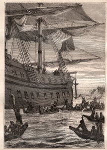 Rdzenni mieszkańcy trzymali w ręku gałęzie bananowców: podróż Samuela Wallisa (1728-1795) do Polinezji - rdzenni mieszkańcy trzymali gałęzie bananów na powitanie - ilustracja zaczerpnięta z „Wielkich żeglarzy XVIII wieku”” autorstwa French School