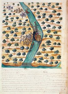 Tubylcy atakujący francuskie statki na rzece Tavoy, z relacji jezuitów w Syjamie, 1688 (wc na papierze) autorstwa French School