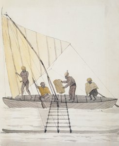 Tubylcy z Iles Basses i zrównoważony kajak żaglowy, akwarela Jules-Louis Lejeune, z Duperrey