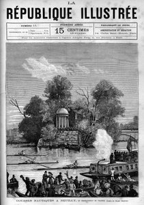 Wyścigi żeglarskie: Mistrzostwa Francji w wioślarstwie organizowane na Sekwanie naprzeciwko Ile de la Grande Jatte w Neuilly. Gazeta. Rycina z 1880 r. w prywatnej kolekcji „La republique illustree”. autorstwa French School