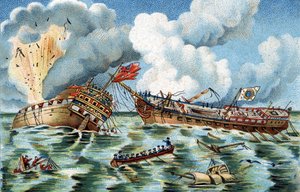Bitwa morska między „Supervisante” a „Quebec”, 6 października 1779 r. niedaleko Ouessant. Fregatą francuską dowodził kapitan Du Couedic de Kergoaler, a fregatą angielską kapitan Farmer. Chromolitografia około 1890 r. autorstwa French School