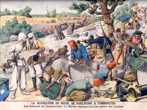 Żegluga po rzece Niger między Koulikoro i Timbuktu. Wyprawa dowodzona przez komandora Le Blevec przewożąca łodzie w sekcjach wokół bystrza. Żegluga Nigru, od Koulikoro do Timbuktu. Ludzie komandora Le Blevec przewożący kawałki statków. autorstwa French School