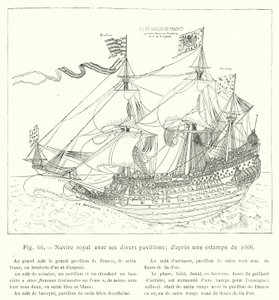 Statek królewski z różnymi flagami; po odbitce z 1666 r. (grawerowanie) autorstwa French School
