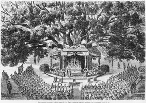 Nowa Kaledonia, odprawianie mszy św. na wyspie Nou, po narysowaniu piórem i tuszem transportowanej ilustracji z biuletynu Les Missions Catholiques, 1875 autorstwa French School