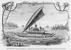 Nowa Kaledonia, piroga Isle of Pines, według rysunku deportowanego piórem i atramentem, ilustracja z biuletynu Les Missions Catholiques, 1893 autorstwa French School