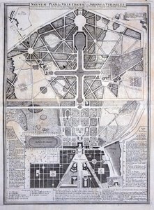 Nowy plan miasta, zamku i ogrodów w Wersalu, 1714, z Les Plans, Profils et Elevations des Villes et Chateau de Versailles, opublikowany ok. 1715 autorstwa French School
