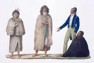 Nowozelandczycy w rdzennych i zachodnich strojach, 1826 autorstwa French School