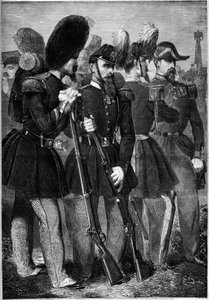 Nowe mundury francuskiej gwardii cesarskiej w 1860 r. Grawer „”Le Monde Illustré”” nr 165 z 9 czerwca 1860 r. autorstwa French School