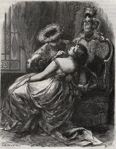 Ładna szyja! Że kat byłby szczęśliwy, gdyby go odciął! Król Anglii Henryk VIII (1491-1547) z żoną Katarzyną Parr (1512-1548). Grawer z 1871 r. w „Histoire Des Cocus Celebres” Henry