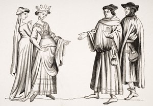 Noble Lady and Maid of Honor and Two Burgesses, według miniatury w „Merveilles du Monde”, z „Le Moyen Age et La Renaissance” Paula Lacroix (1806-84) opublikowanej w 1847 roku autorstwa French School