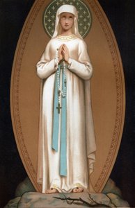 Notre Dame de Lourdes: przedstawienie Najświętszej Maryi Panny tak, jak mogłoby się wydawać Bernadetcie Soubirous w jaskini Lourdes w 1858 roku. Chromolitografia. Frontispice „”Notre Dame de Lourdes”” Henri Lasserre autorstwa French School