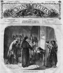 Seria powieści: „Notre Dame de Paris” Victora Hugo (1802-1885). Ksiądz postanawia adoptować Quasimodo. Grawer w „”Les bons romance”” autorstwa French School