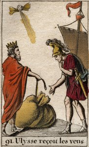 Odyssee of Homere: Eole, król wyspy Cyklop, przekazuje Ulissesowi torbę zawierającą wiatry, dzięki czemu może pracować na własny rachunek. (Odyseja Homera: Aeolus, król wyspy Cyklopów daje Odyseuszowi torbę zawierającą wiatry enabli autorstwa French School